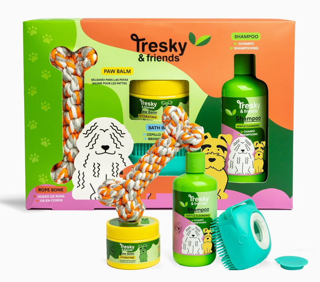 Kužki: šampon, balzam, krtača in igrača