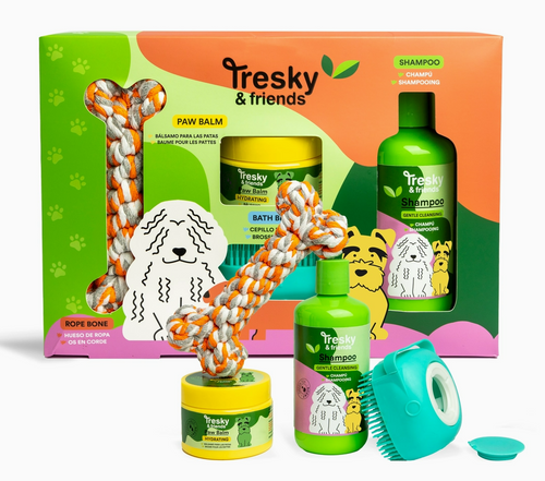 Kužki: šampon, balzam, krtača in igrača